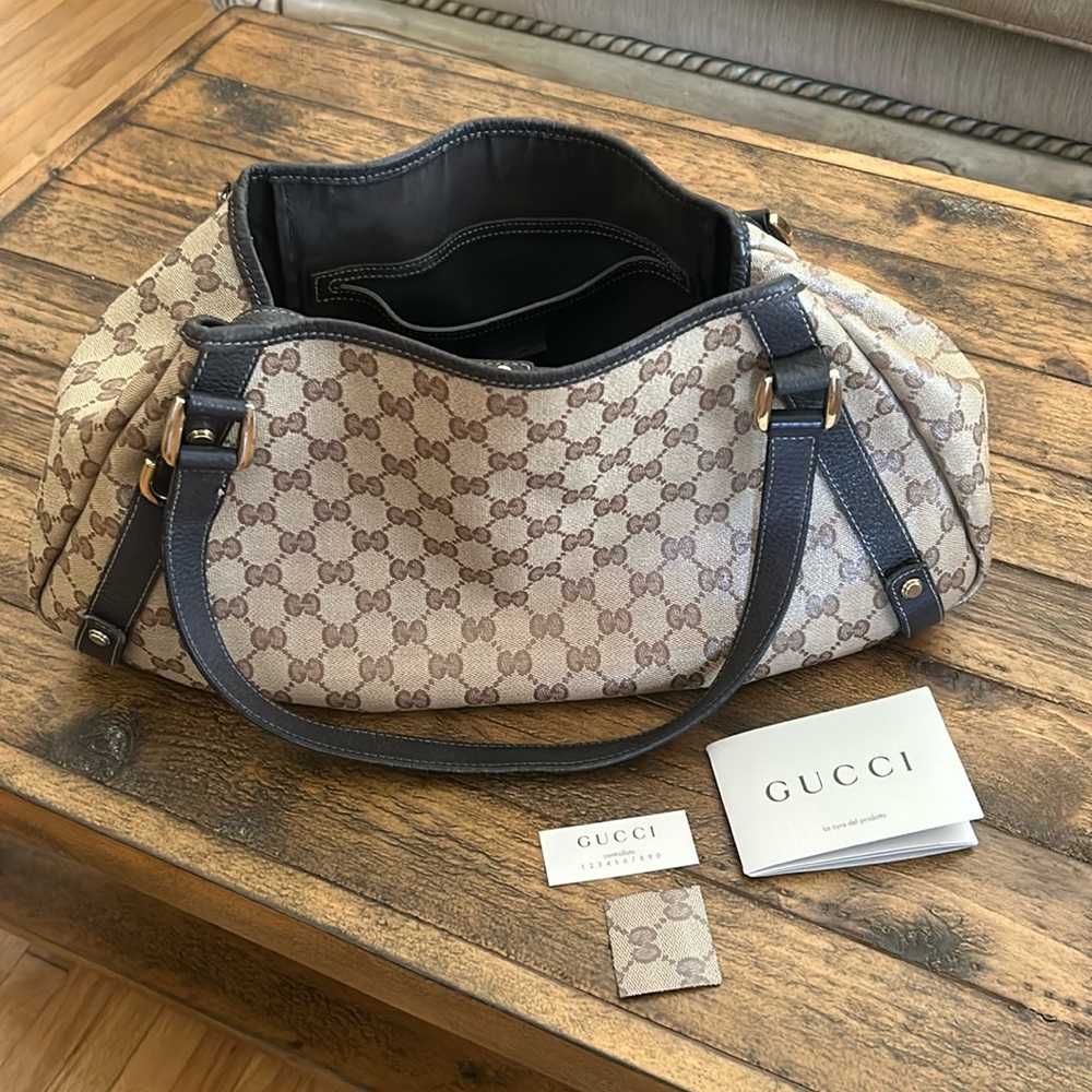 Authentic Gucci medium, Abbey coated canvas, shoulder bag, beige